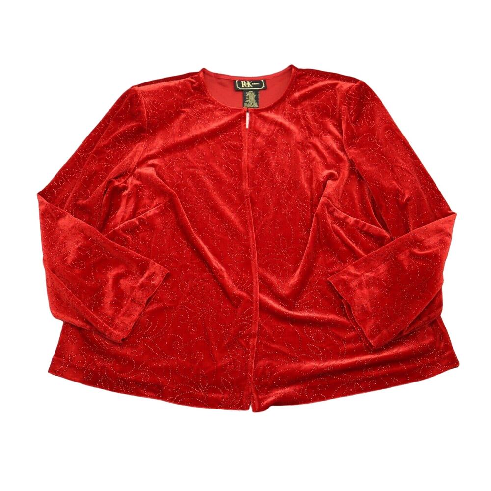 R K Evening Blazer Womens 20W Red Beaded Long Sleeve Open Front Jacket